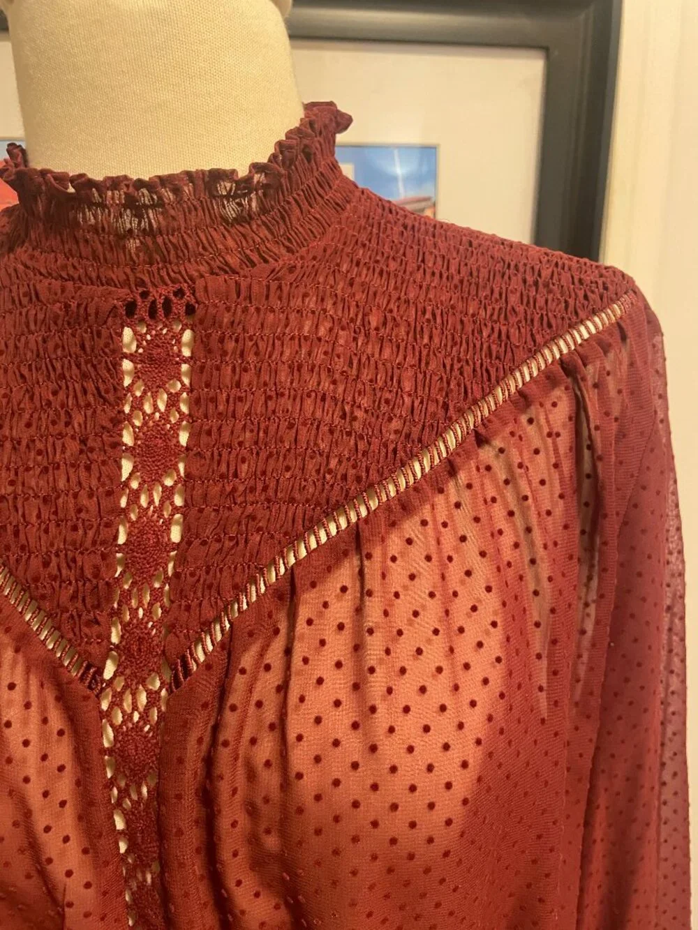 Zara smocked + Crocheted sheer high neck sheer blouse size XL